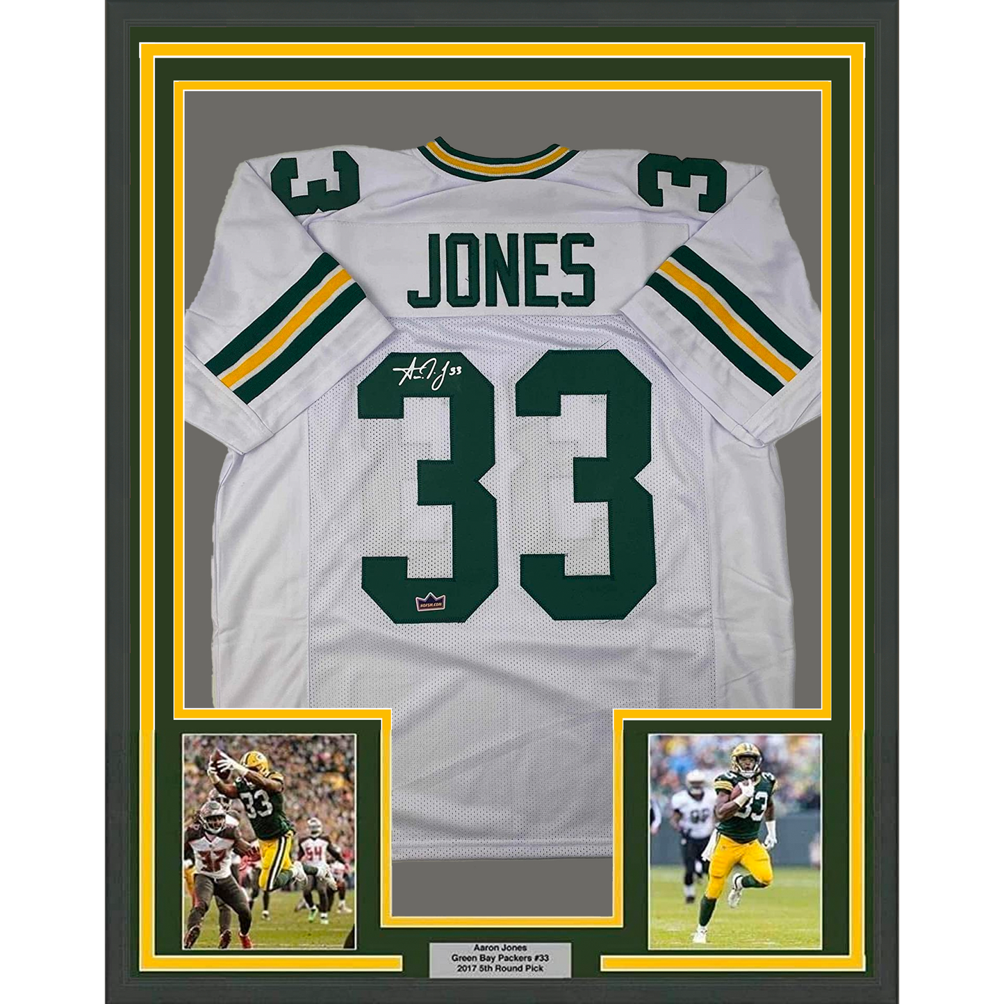Framed Facsimile Autographed Aaron Jones 35x39 Green Bay White Reprint Laser Auto Football Jersey