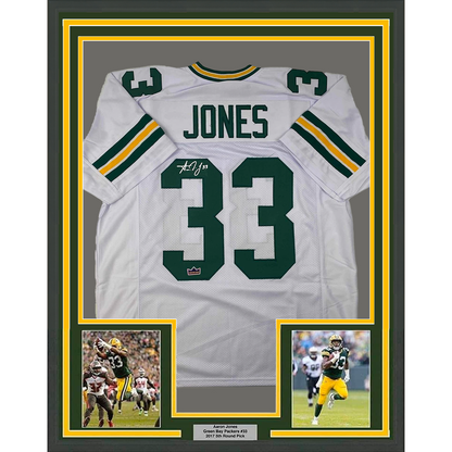 Framed Facsimile Autographed Aaron Jones 35x39 Green Bay White Reprint Laser Auto Football Jersey