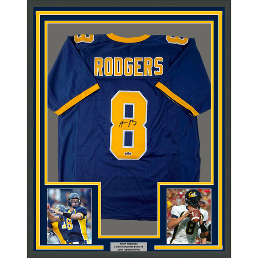 Framed Facsimile Autographed Aaron Rodgers 35x39 Cal California Blue Reprint Laser Auto College Football Jersey Size Men's XL