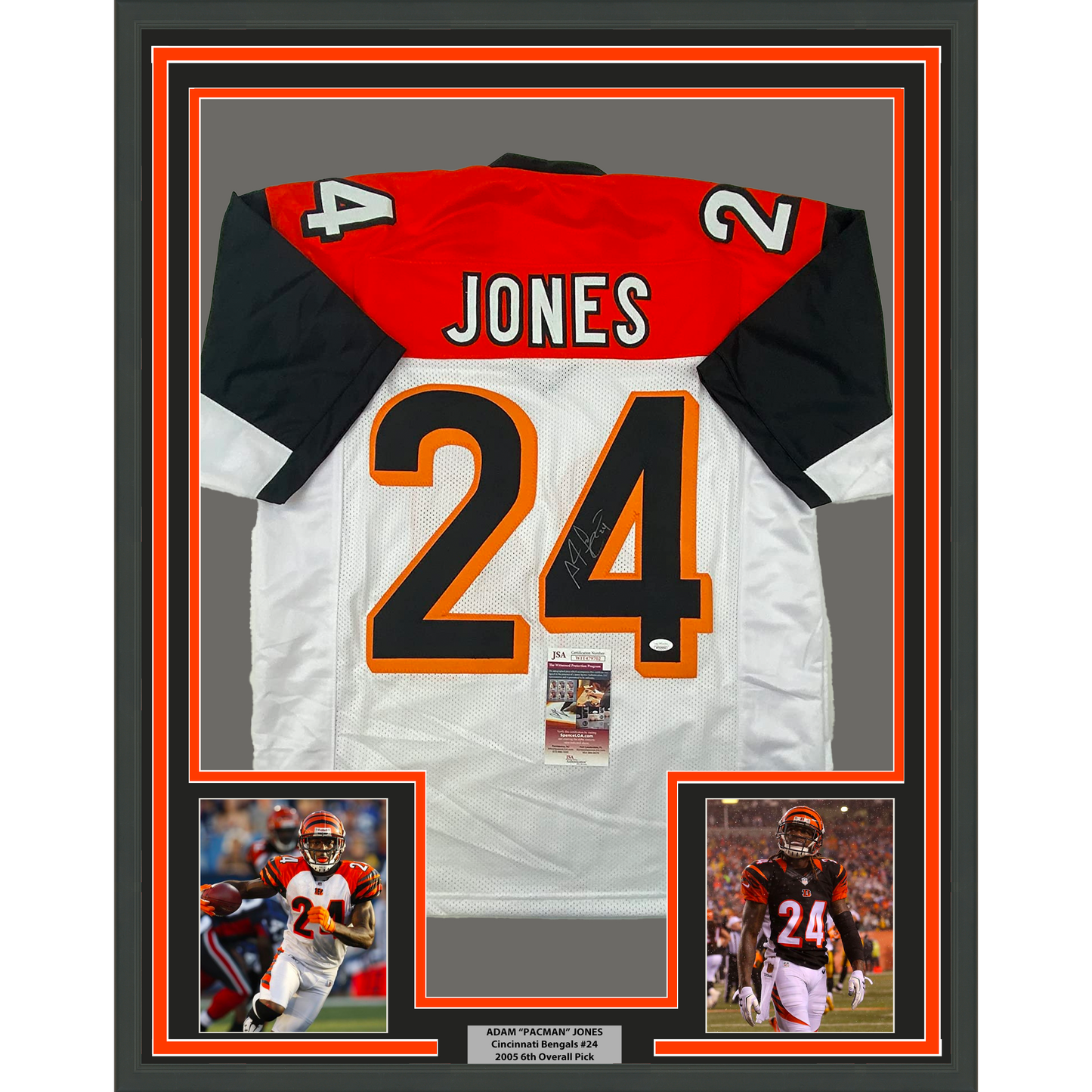 Framed Autographed/Signed Adam Pacman Jones 35x39 Cincinnati White Football Jersey JSA COA