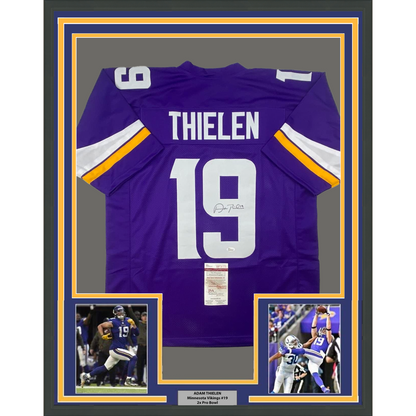 Framed Autographed/Signed Adam Thielen 35x39 Minnesota Purple Football Jersey JSA COA