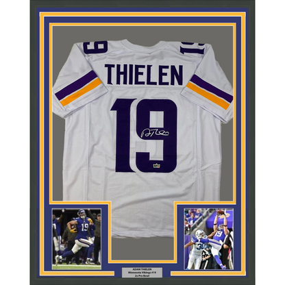 Framed Facsimile Autographed Adam Thielen 35x39 Minnesota White Reprint Laser Auto Football Jersey