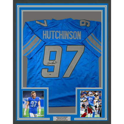 Framed Facsimile Autographed Aidan Hutchinson 35x39 Detroit Blue Reprint Laser Auto Football Jersey