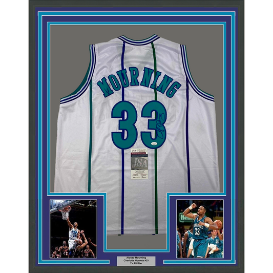 Framed Autographed/Signed Alonzo Mourning 35x39 Charlotte White Basketball Jersey JSA COA