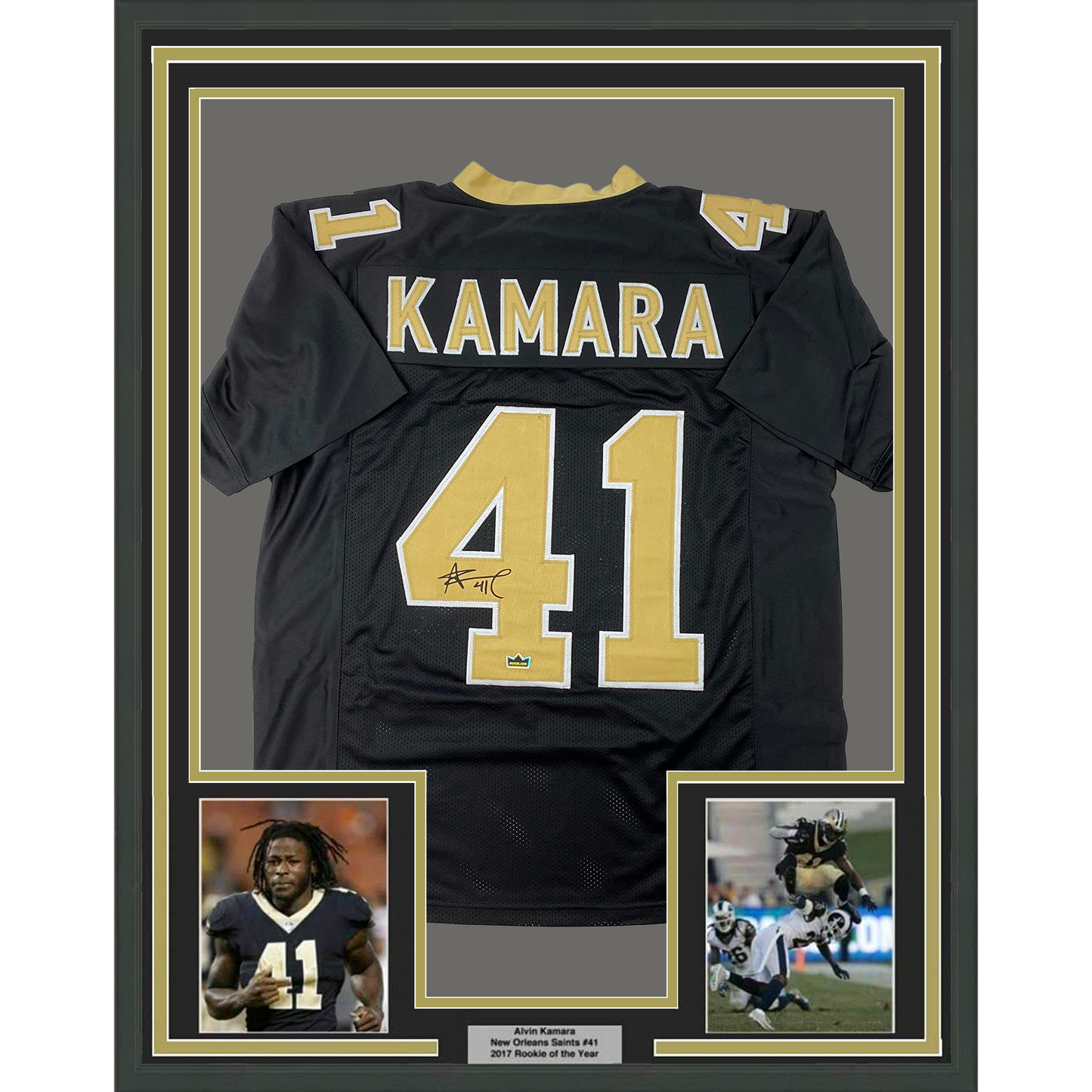 Framed Facsimile Autographed Alvin Kamara 35x39 New Orleans Black Reprint Laser Auto Football Jersey Size Men's XL