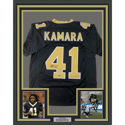 Framed Facsimile Autographed Alvin Kamara 35x39 New Orleans Black Reprint Laser Auto Football Jersey Size Men's XL