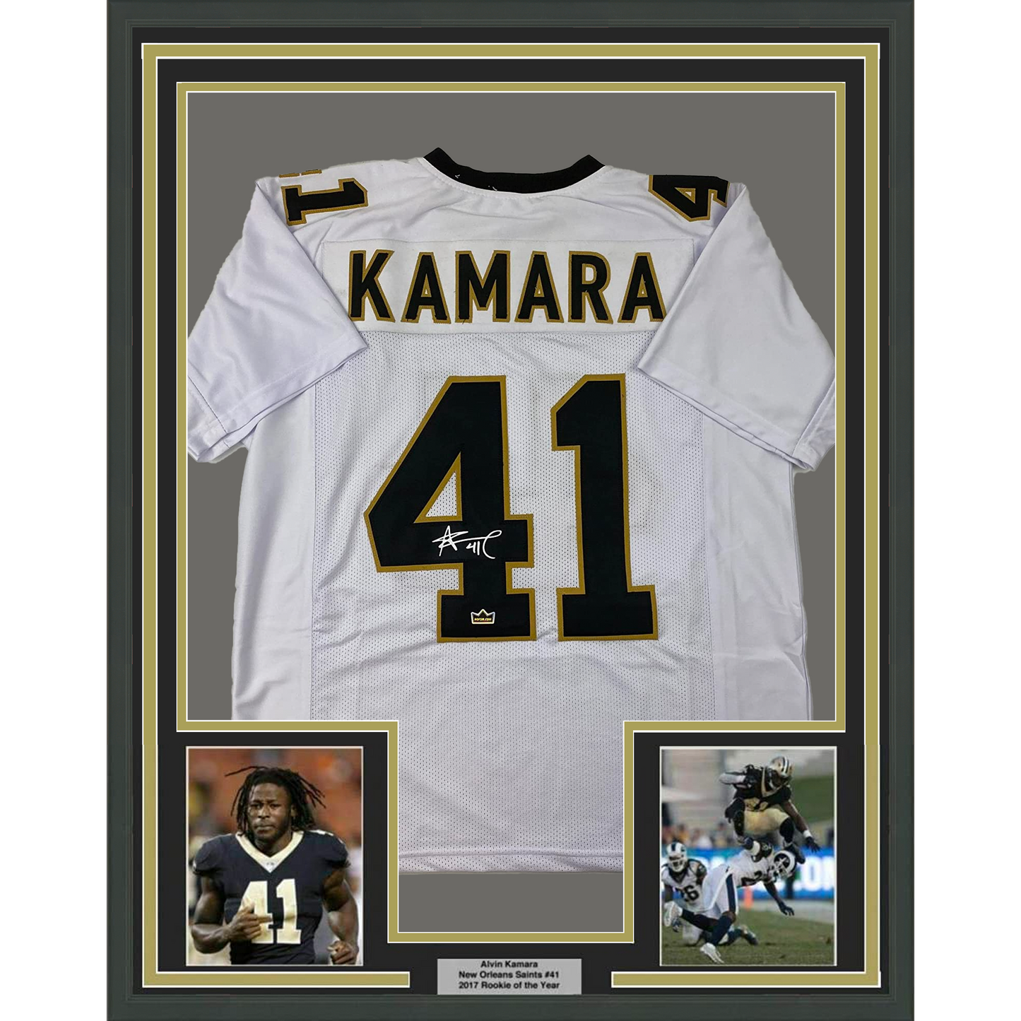 Framed Facsimile Autographed Alvin Kamara 35x39 New Orleans White Reprint Laser Auto Football Jersey