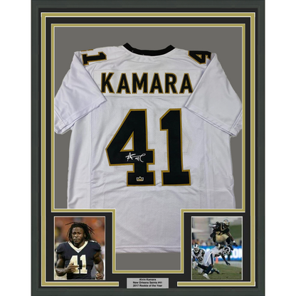 Framed Facsimile Autographed Alvin Kamara 35x39 New Orleans White Reprint Laser Auto Football Jersey