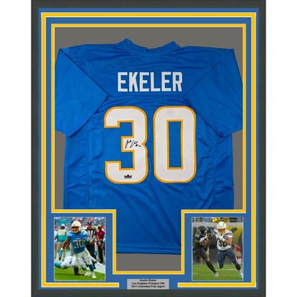 Framed Facsimile Autographed Austin Ekeler 35x39 Los Angeles LA Powder Blue Reprint Laser Auto Football Jersey