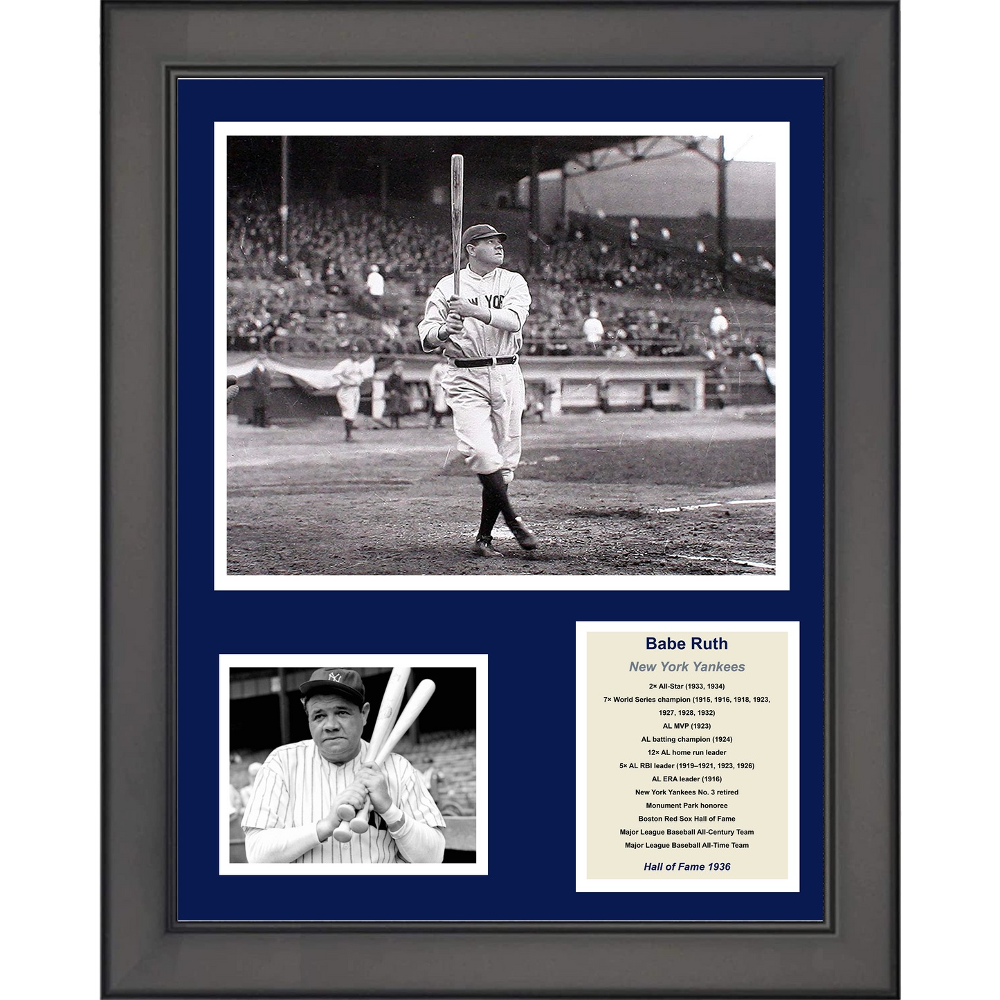 Framed Babe Ruth Hall of Fame New York Yankees Baseball 11"x14" Three Photo Collage