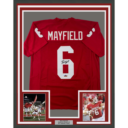 Framed Facsimile Autographed Baker Mayfield 35x39 Oklahoma Red Reprint Laser Auto College Football Jersey Size Men's XL