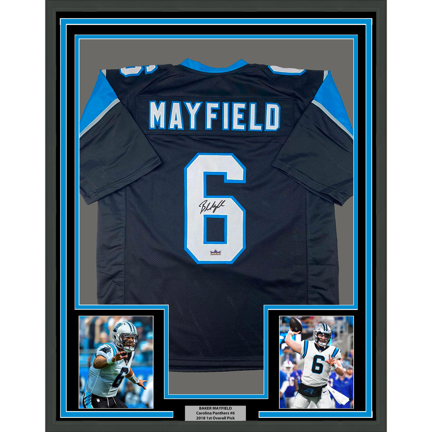Framed Facsimile Autographed Baker Mayfield 35x39 Carolina Black Reprint Laser Auto Football Jersey