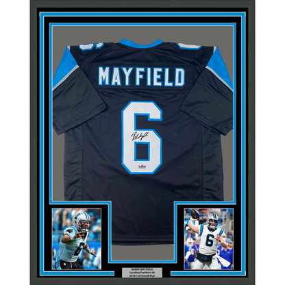 Framed Facsimile Autographed Baker Mayfield 35x39 Carolina Black Reprint Laser Auto Football Jersey