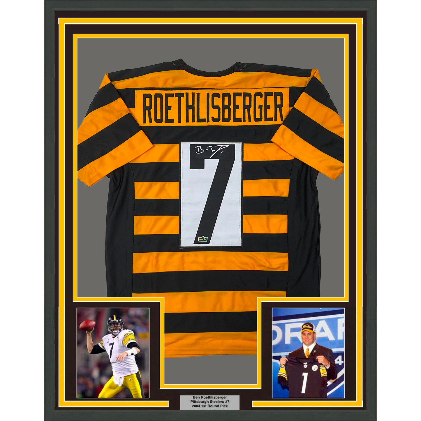 Framed Facsimile Autographed Ben Roethlisberger 35x39 Pittsburgh Bumble Bee Reprint Laser Auto Football Jersey Size Men's XL