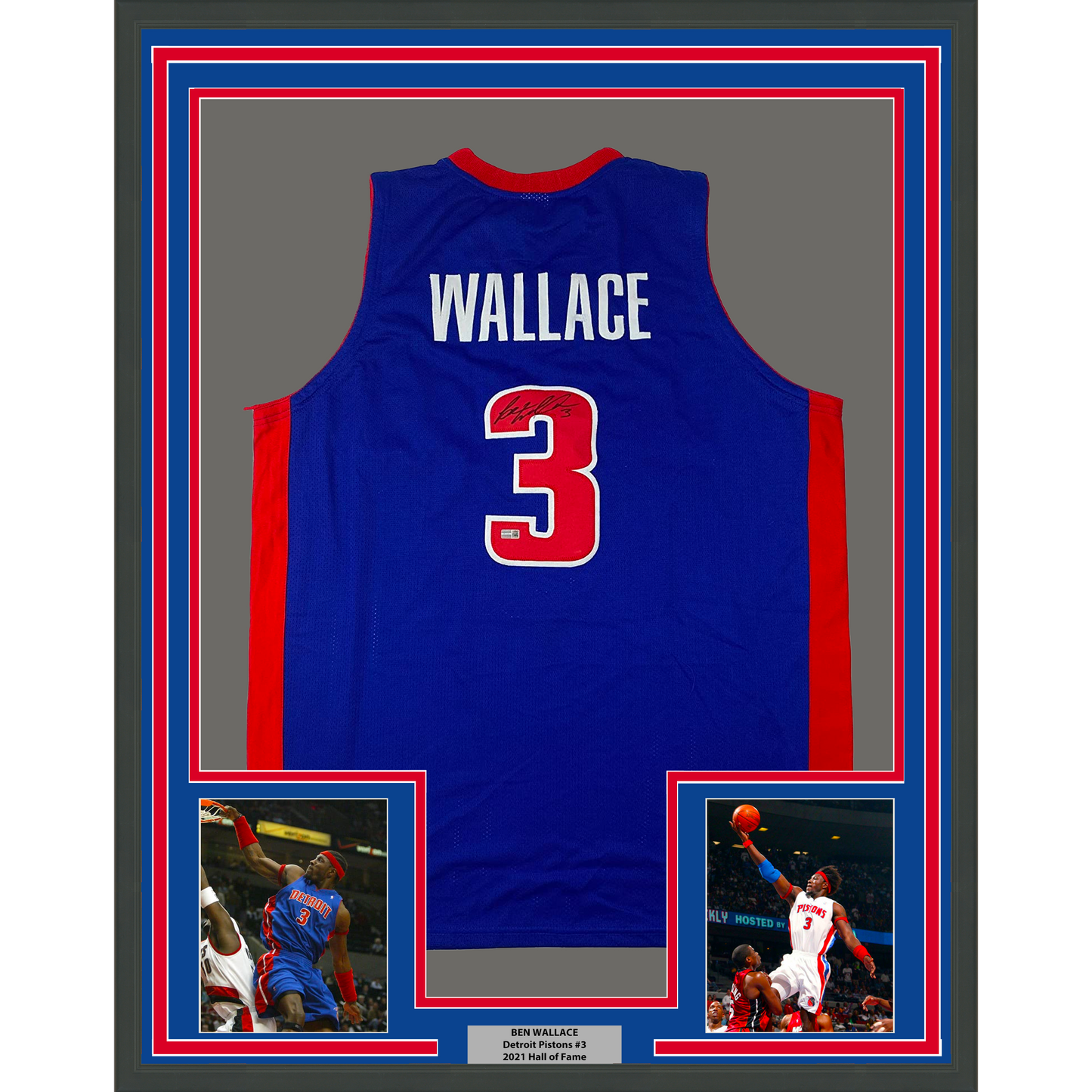 Framed Autographed/Signed Ben Wallace 35x39 Detroit Blue Basketball Jersey Steiner COA