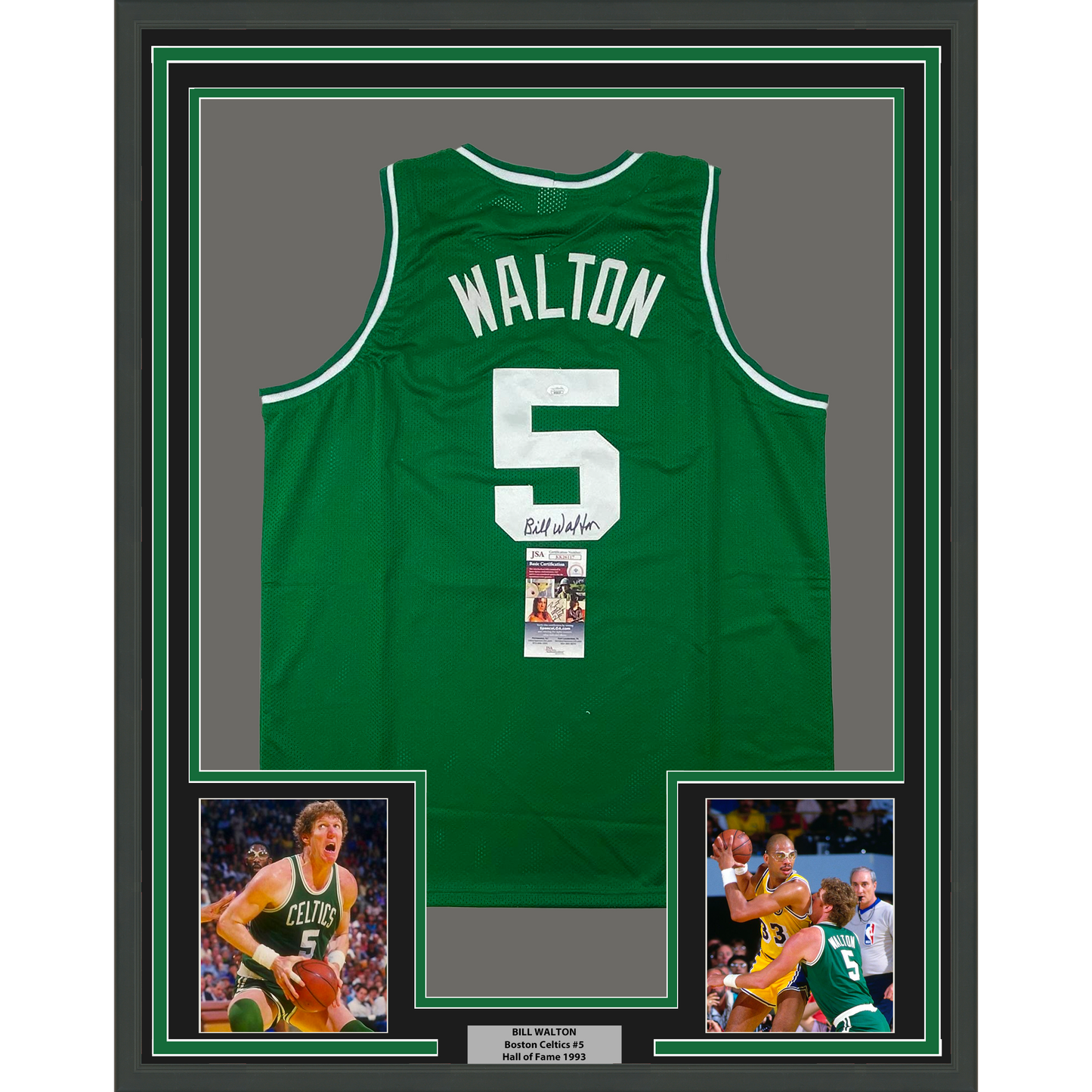 Framed Autographed/Signed Bill Walton 35x39 Boston Green Basketball Jersey JSA COA