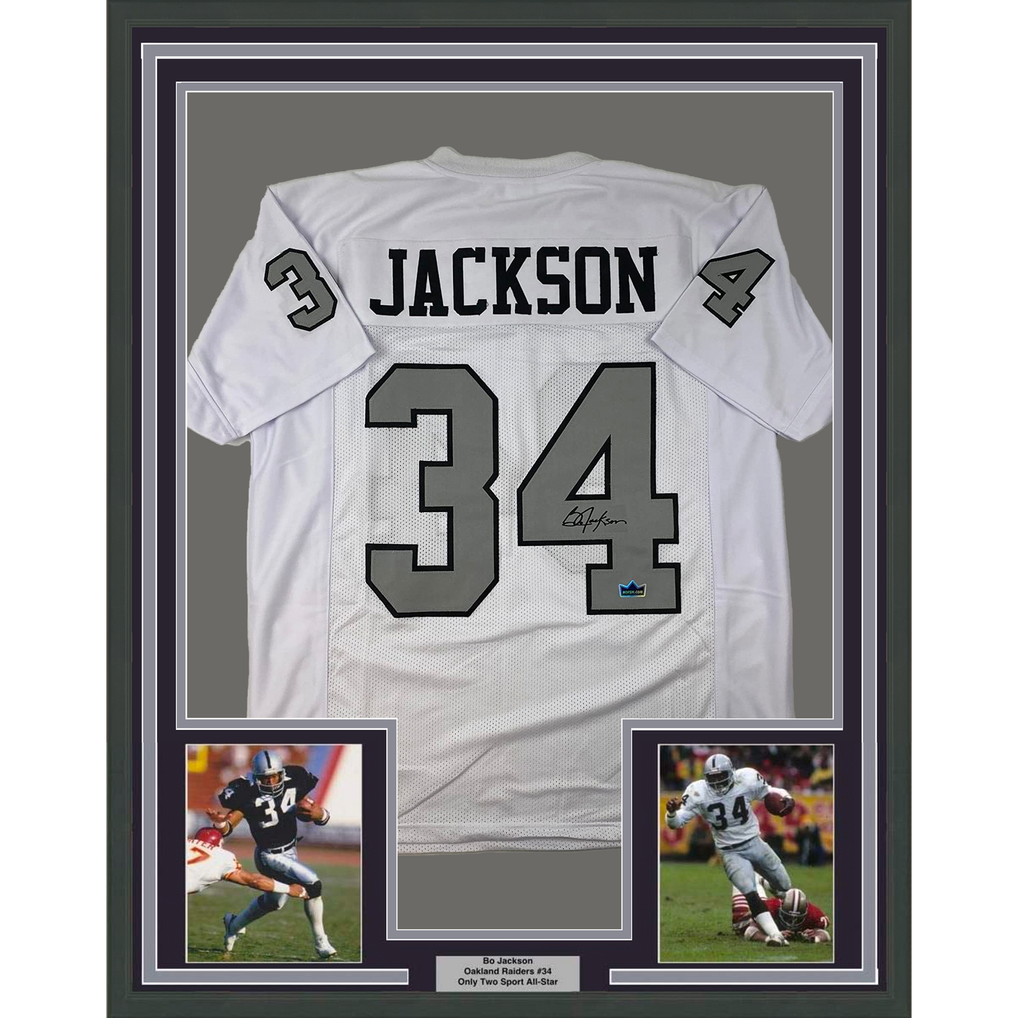 Framed Facsimile Autographed Bo Jackson 35x39 Oakland Las Vegas Color Rush White Reprint Laser Auto Football Jersey Size Men's XL