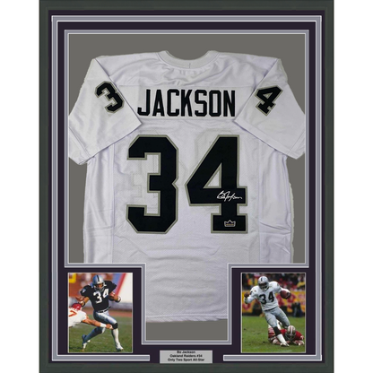 Framed Facsimile Autographed Bo Jackson 35x39 Oakland Las Vegas White Reprint Laser Auto Football Jersey