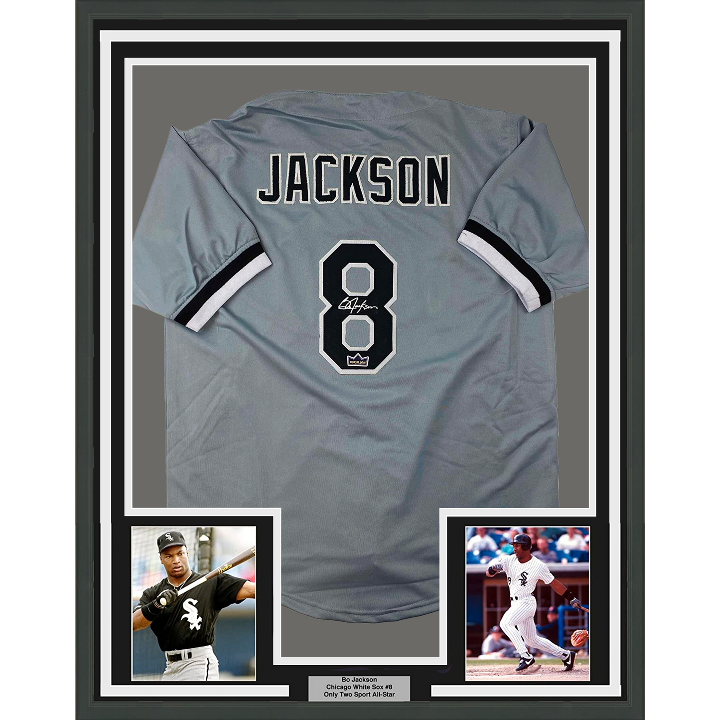 Framed Facsimile Autographed Bo Jackson 35x39 Chicago Grey Reprint Laser Auto Baseball Jersey
