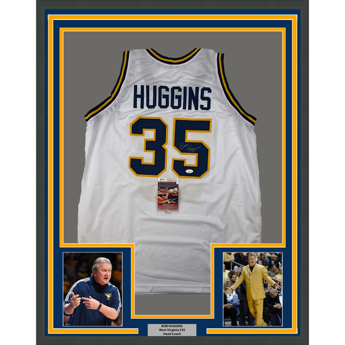 Framed Autographed/Signed Bob Huggins 35x39 West Virginia White College Basketball Jersey JSA COA