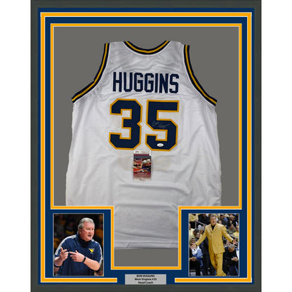 Framed Autographed/Signed Bob Huggins 35x39 West Virginia White College Basketball Jersey JSA COA