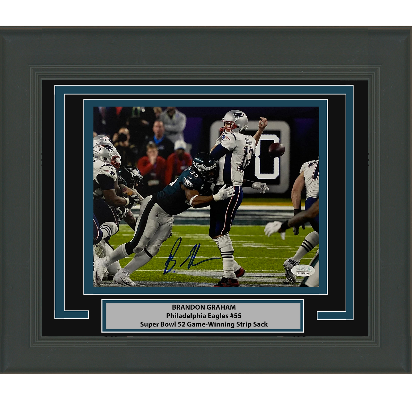 Framed Autographed/Signed Brandon Graham 8x10 Philadelphia Eagles Color Game Winning Strip Sack Fumble vs. Tom Brady Super Bowl LII 52 Champions 8x10 Football Photo JSA COA