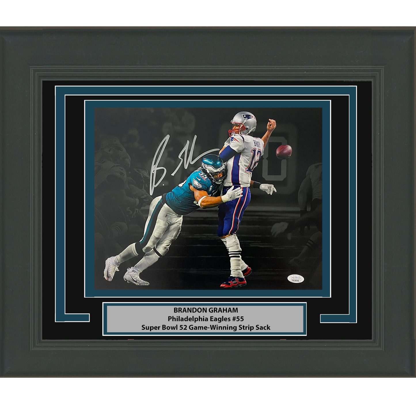 Framed Autographed/Signed Brandon Graham Philadelphia Eagles Spotlight Game Winning Strip Sack Fumble vs. Tom Brady Super Bowl LII 52 Champions 11x14 Football Photo JSA COA