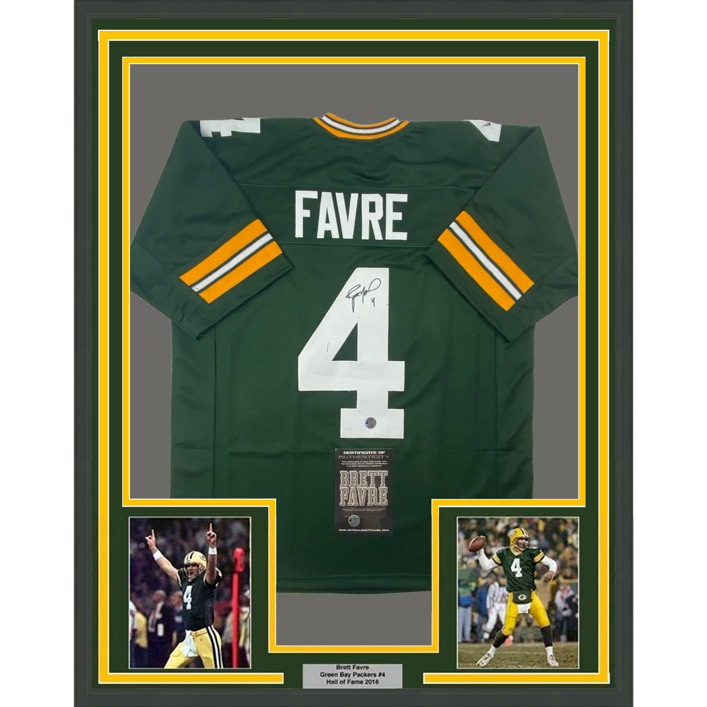 Framed Autographed/Signed Brett Favre 35x39 Green Bay Green Football Jersey Favre Hologram COA