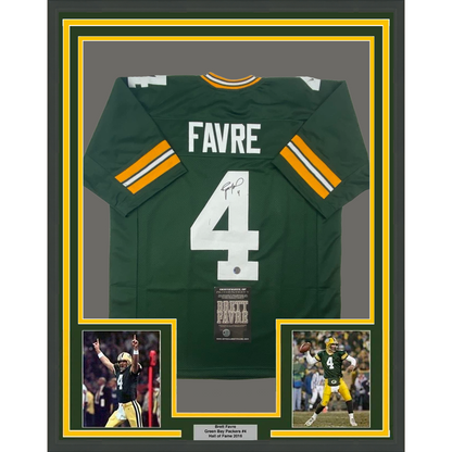 Framed Autographed/Signed Brett Favre 35x39 Green Bay Green Football Jersey Favre Hologram COA