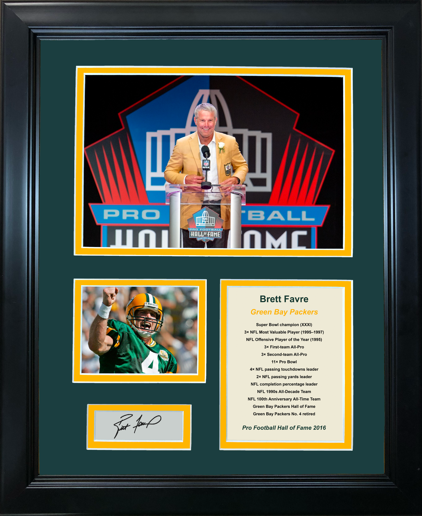 Framed Brett Favre Hall of Fame Facsimile Laser Engraved Signature Auto Green Bay Packers 11"x14" Photo Sig Collage
