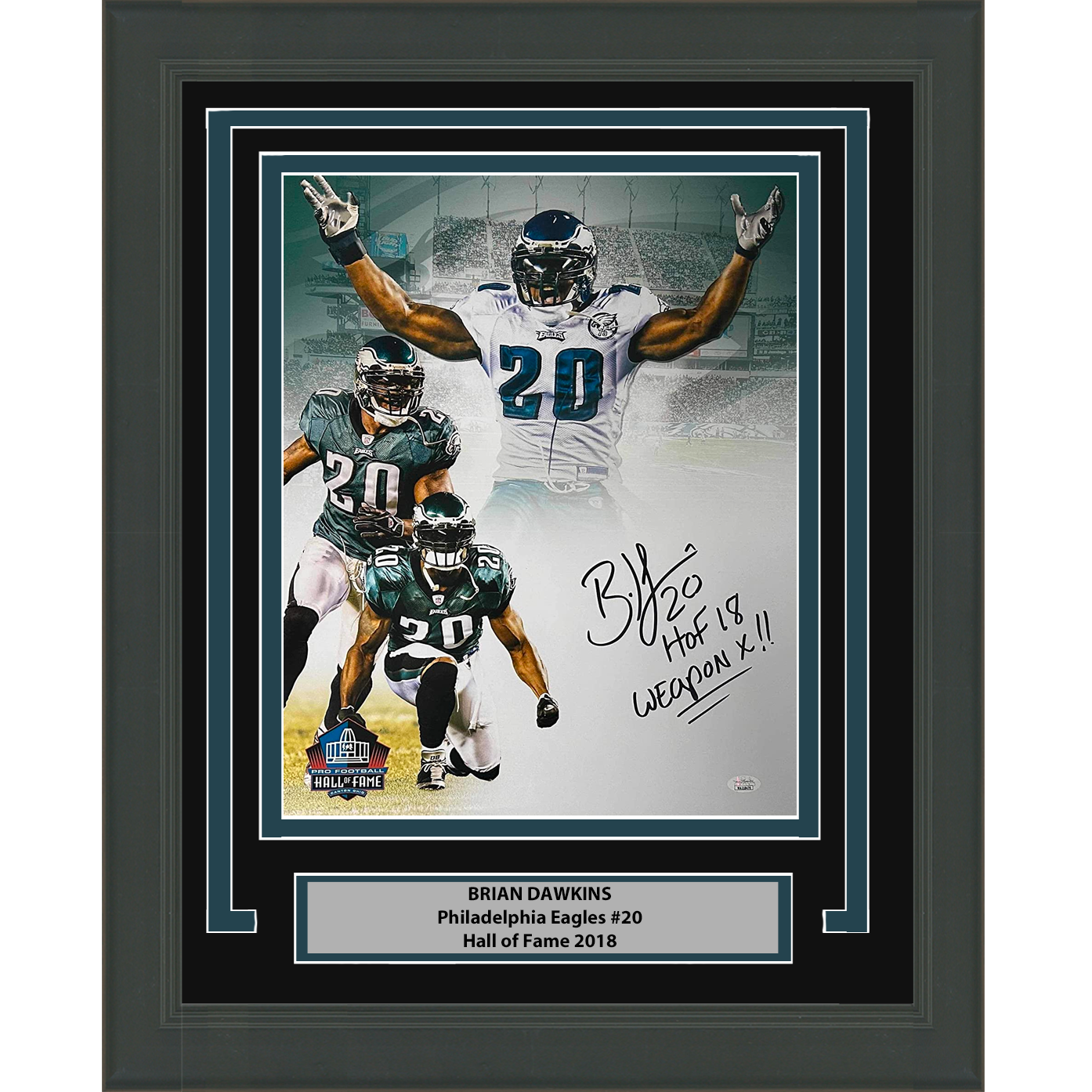 Framed Autographed/Signed Brian Dawkins 2x Inscribed HOF 18 Weapon X Philadelphia Eagles 16x20 Football Photo JSA COA