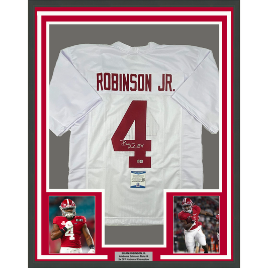 Framed Autographed/Signed Brian Robinson Jr. 35x39 Alabama White College Football Jersey Beckett BAS COA