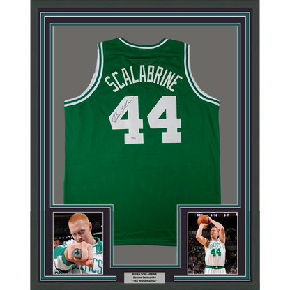 Framed Autographed/Signed Brian Scalabrine 35x39 Boston Green Basketball Jersey Steiner COA