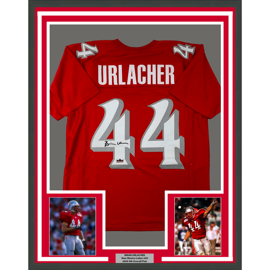Framed Facsimile Autographed Brian Urlacher 35x39 New Mexico Red Reprint Laser Auto College Football Jersey Size Men's XL
