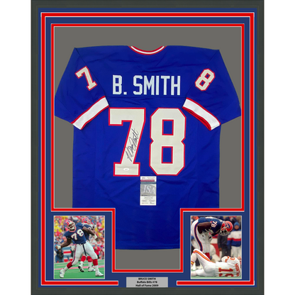 Framed Autographed/Signed Bruce Smith 35x39 Buffalo Blue Football Jersey JSA COA