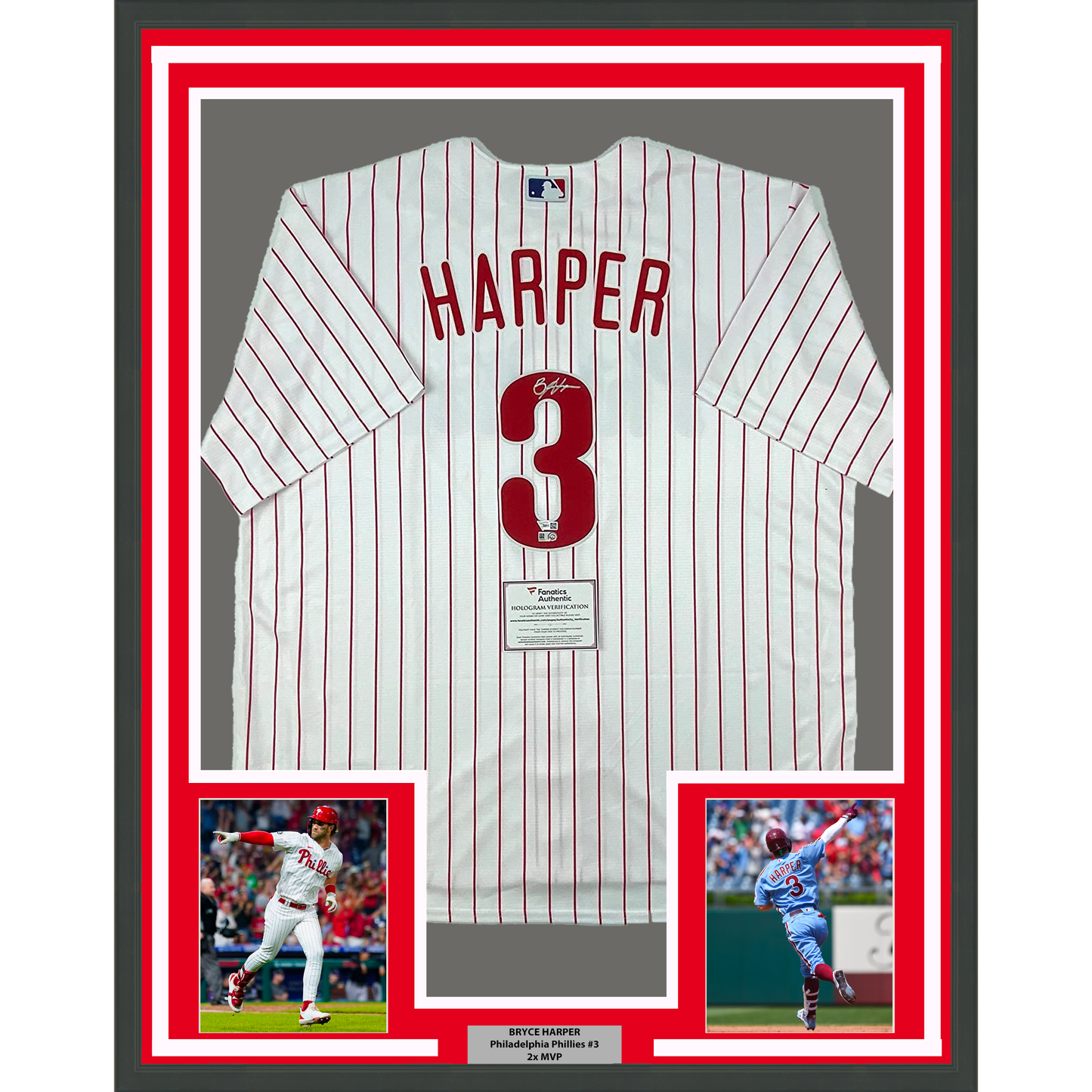 Framed Autographed/Signed Bryce Harper 35x39 Philadelphia Phillies Pinstripe Replica Baseball Jersey Fanatics & MLB COA