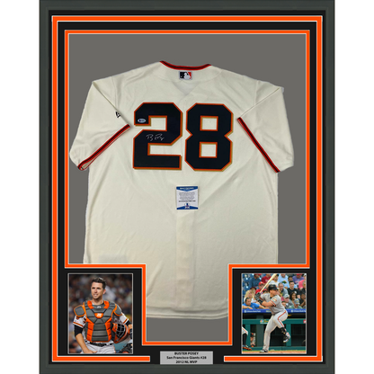 Framed Autographed/Signed Buster Posey 35x39 San Francisco Giants Cream Baseball Jersey Beckett BAS COA