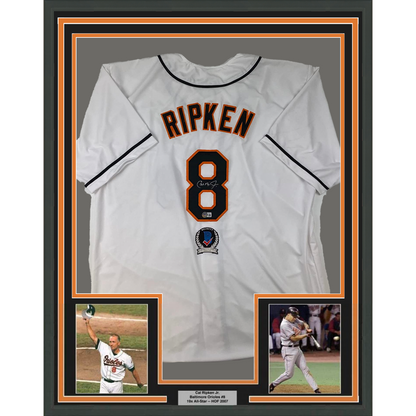 Framed Autographed/Signed Cal Ripken Jr. 35x39 Baltimore White Baseball Jersey Beckett BAS COA