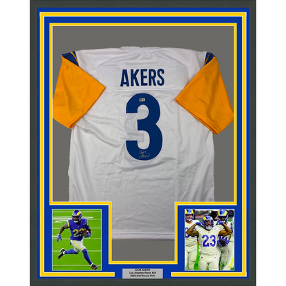 Framed Autographed/Signed Cam Akers 35x39 Los Angeles LA White Football Jersey Beckett BAS COA