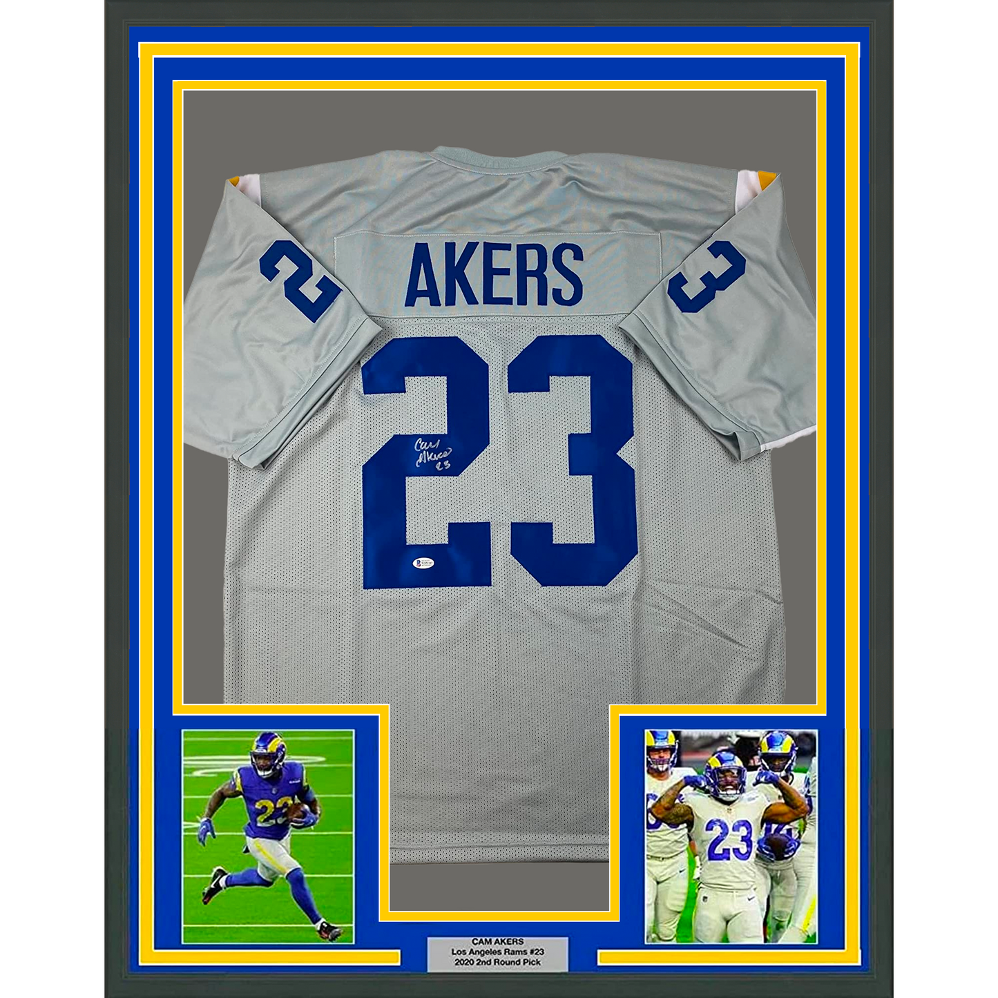 Framed Autographed/Signed Cam Akers 35x39 Los Angeles LA Grey Football Jersey Beckett BAS COA