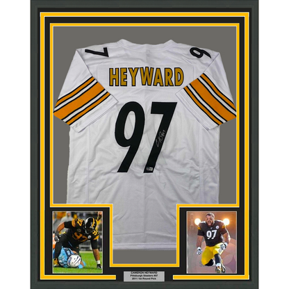 Framed Autographed/Signed Cameron Heyward 35x39 Pittsburgh White Football Jersey Beckett BAS COA