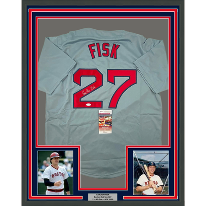 Framed Autographed/Signed Carlton Fisk 35x39 Boston Grey Baseball Jersey JSA COA