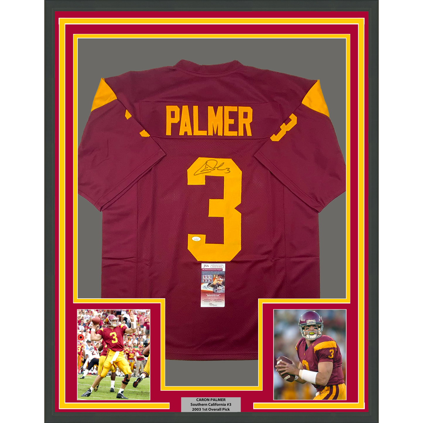 Framed Autographed/Signed Carson Palmer 35x39 USC Southen Cal Maroon College Football Jersey JSA COA