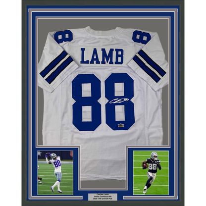 Framed Facsimile Autographed CeeDee Lamb 35x39 Dallas White Reprint Laser Auto Football Jersey Size Men's XL