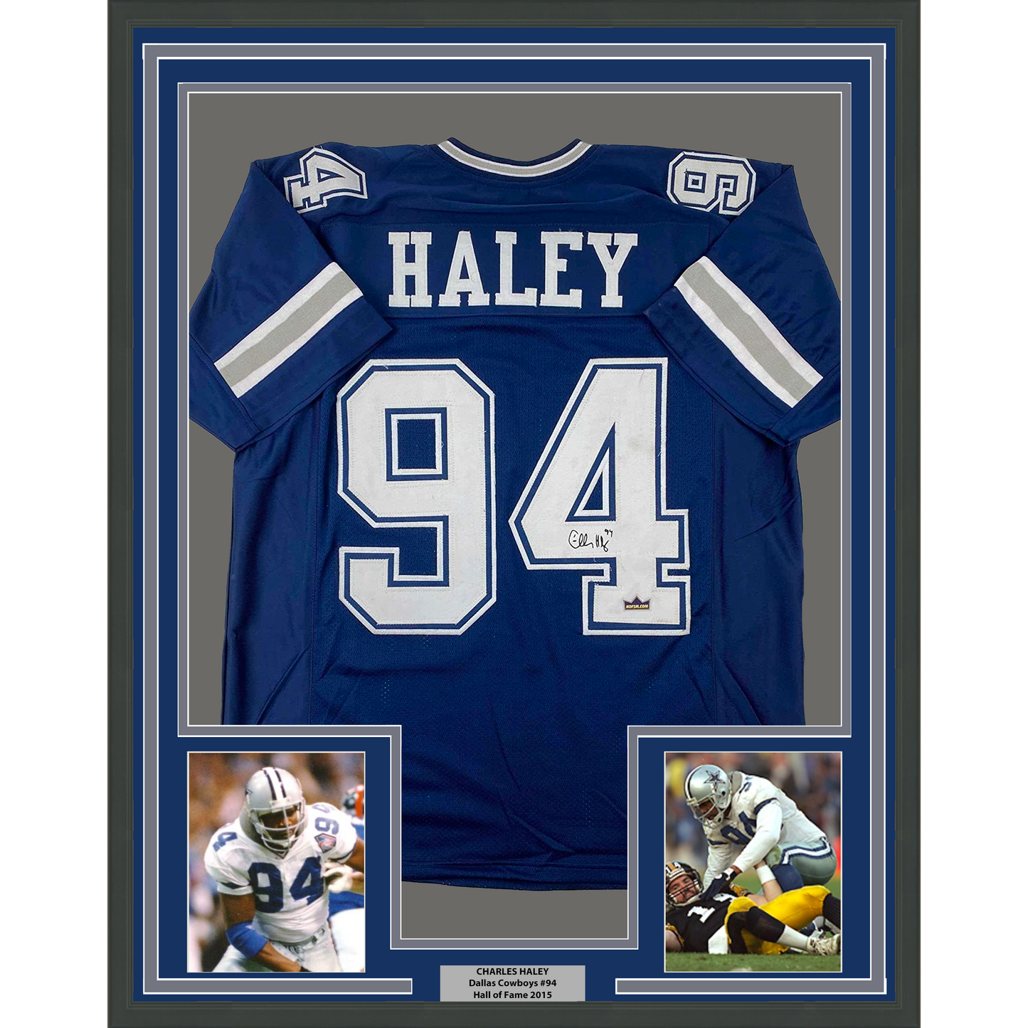 Framed Facsimile Autographed Charles Haley 35x39 Dallas Blue Reprint Laser Auto Football Jersey