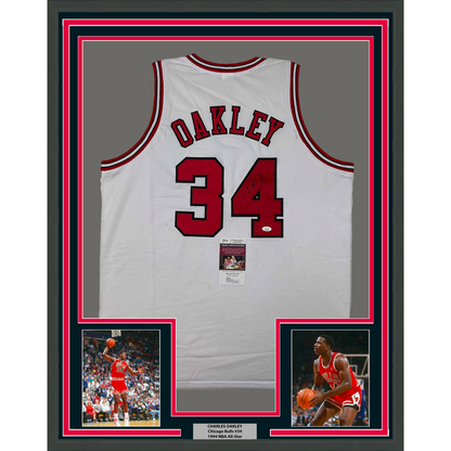 Framed Autographed/Signed Charles Oakley 35x39 Chicago White Basketball Jersey JSA COA