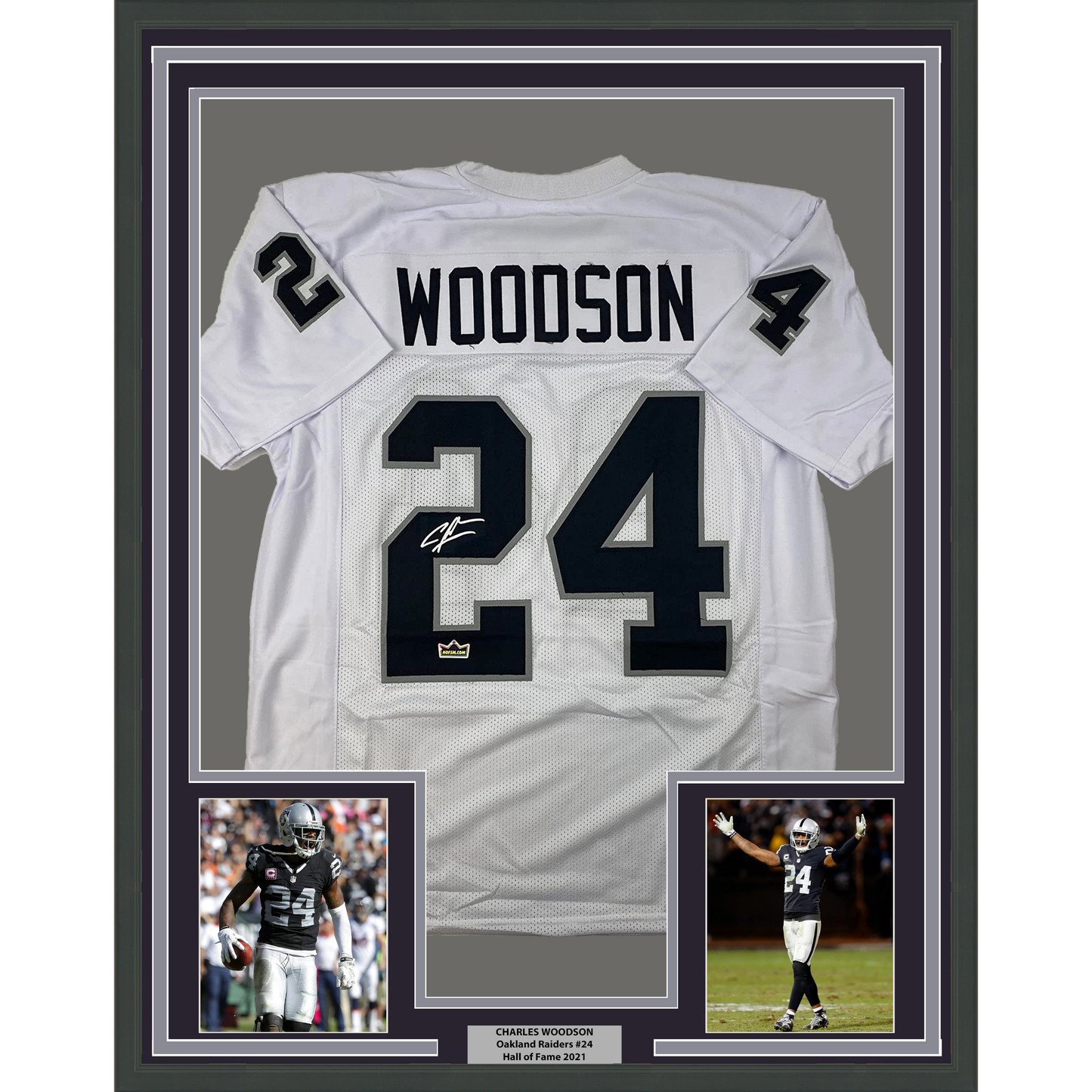 Framed Facsimile Autographed Charles Woodson 35x39 Oakland Las Vegas White Reprint Laser Auto Football Jersey Size Men's XL