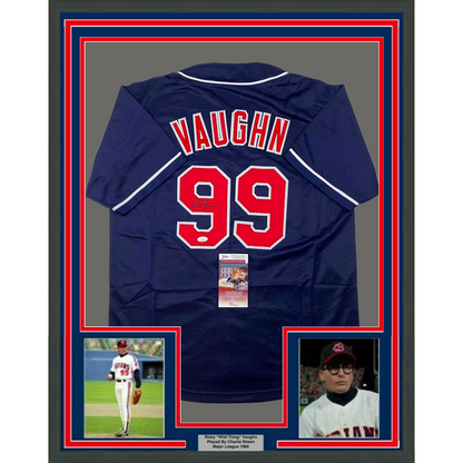 Framed Autographed/Signed Charlie Sheen 35x39 Wild Thing Ricky Vaughn Major League Movie Blue Baseball Jersey JSA COA