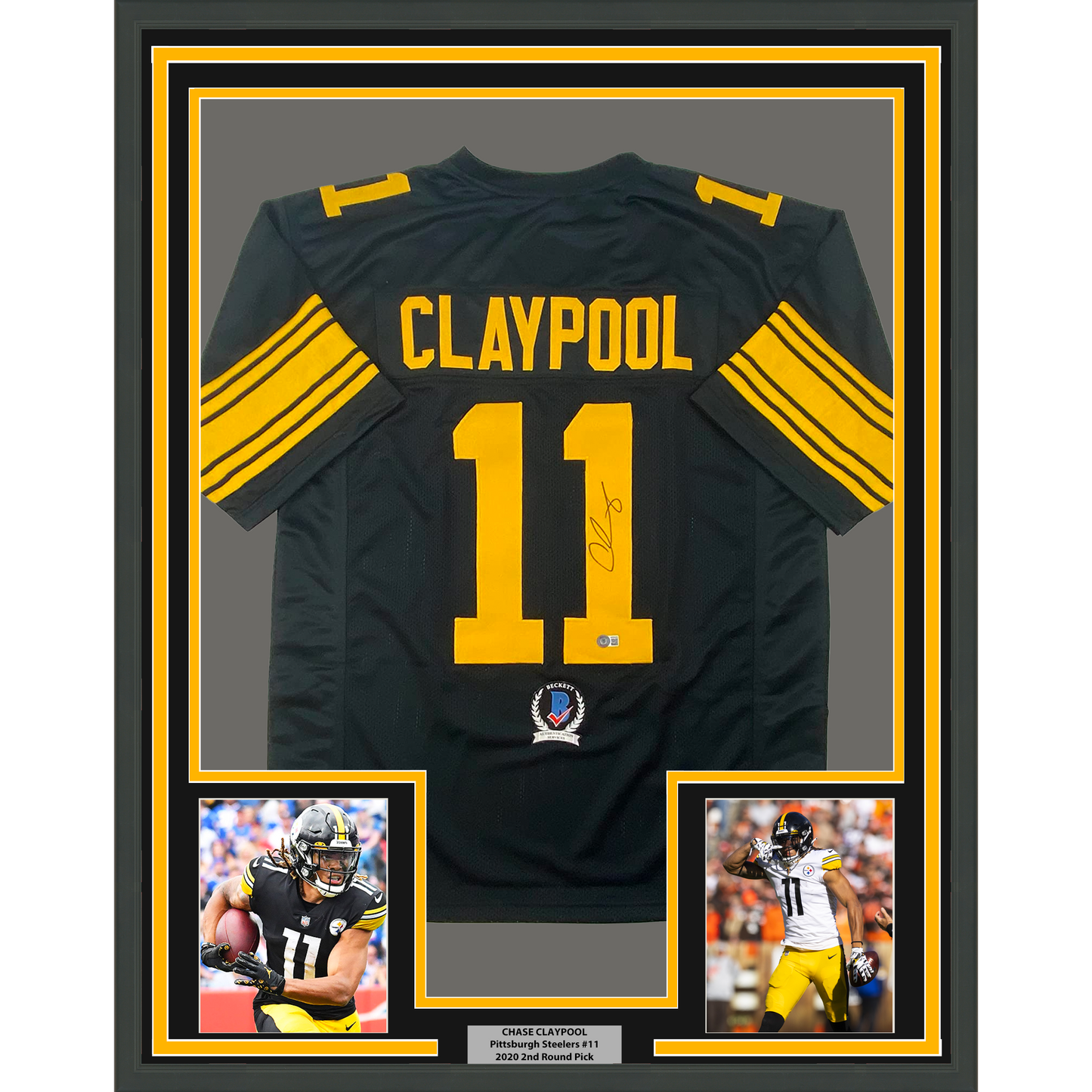 Framed Autographed/Signed Chase Claypool 35x39 Pittsburgh Color Rush Football Jersey Beckett BAS COA