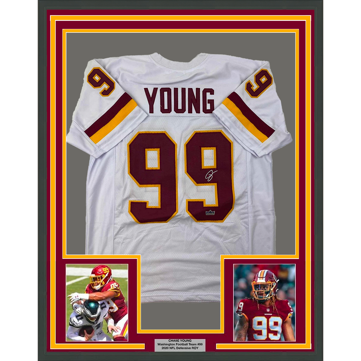 Framed Facsimile Autographed Chase Young 35x39 Washington White Reprint Laser Auto Football Jersey